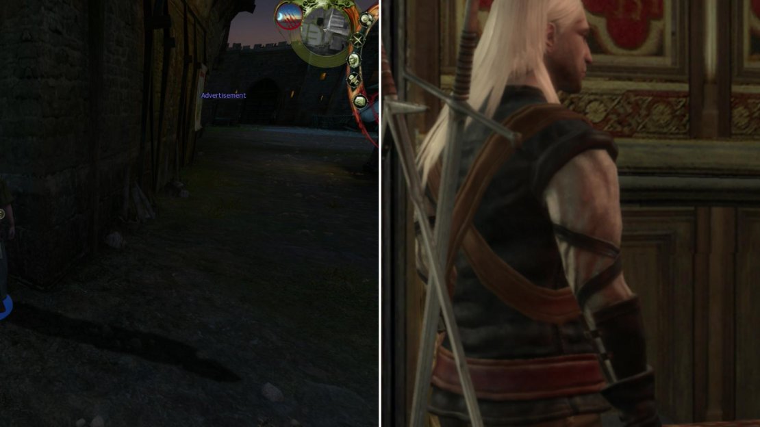Visit Thaler at night to find a “Mysterious Man” loitering around outside… his presence is evidence that Thaler might be more than he seems (left). Drink, gamble, and chat with Thaler (right) to gain a useful book, as well as information about Berengar and the origin of your Silver Sword.