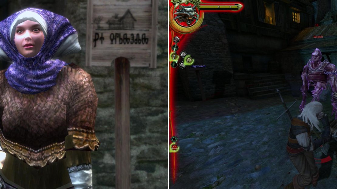 Poor Hildegard (left) is haunted by her late husband’s ghost, who is spreading vicious rumors about her. Find the ghost near the gate to the cemetery at night, and silence him (right).