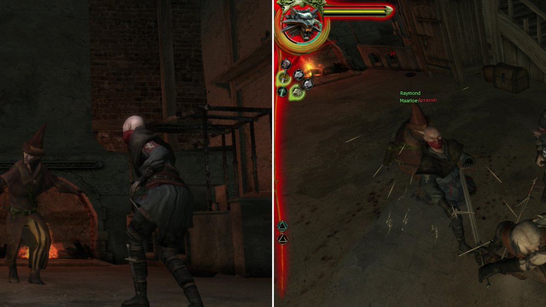 Visit Raymond to find him beset by Salamandra assassins (left). Fortunately he’s got a Witcher ally with a good sense of timing on his side (right).