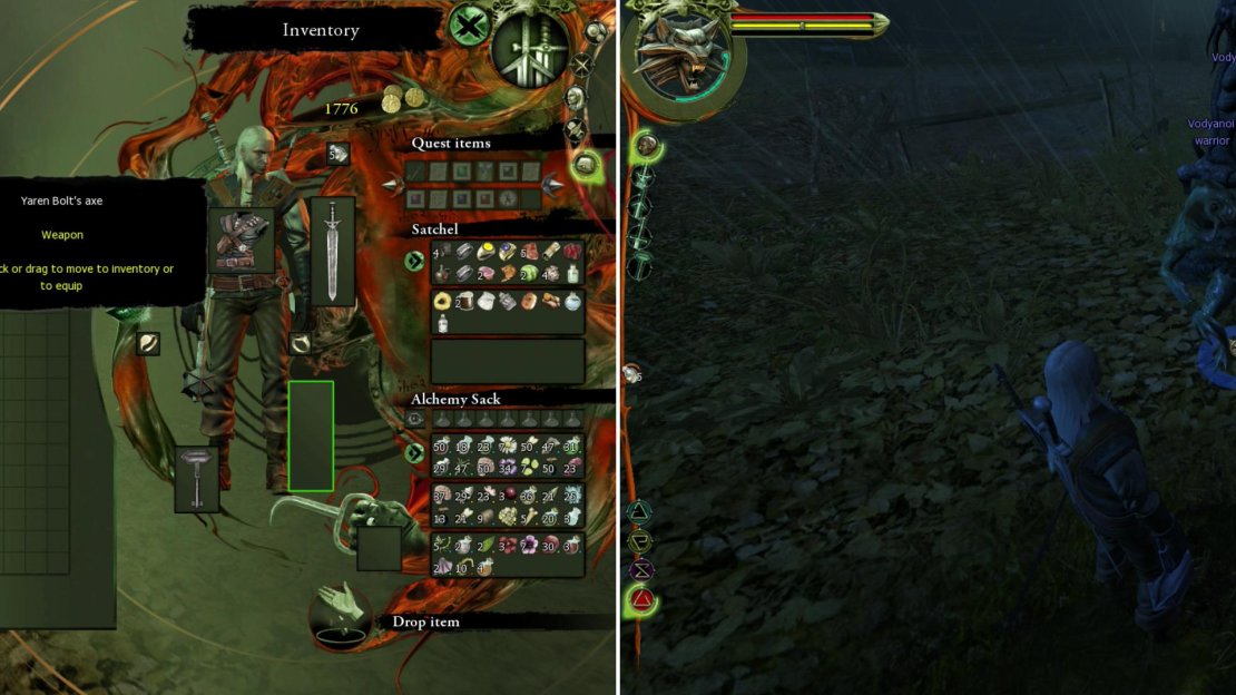 Convince Yaren Bolt to give up his axe and make an offering of it at the Vodyanoi Altar (left). Return at midnight to obtain a sign of the Vodyanoi’s favor (right).