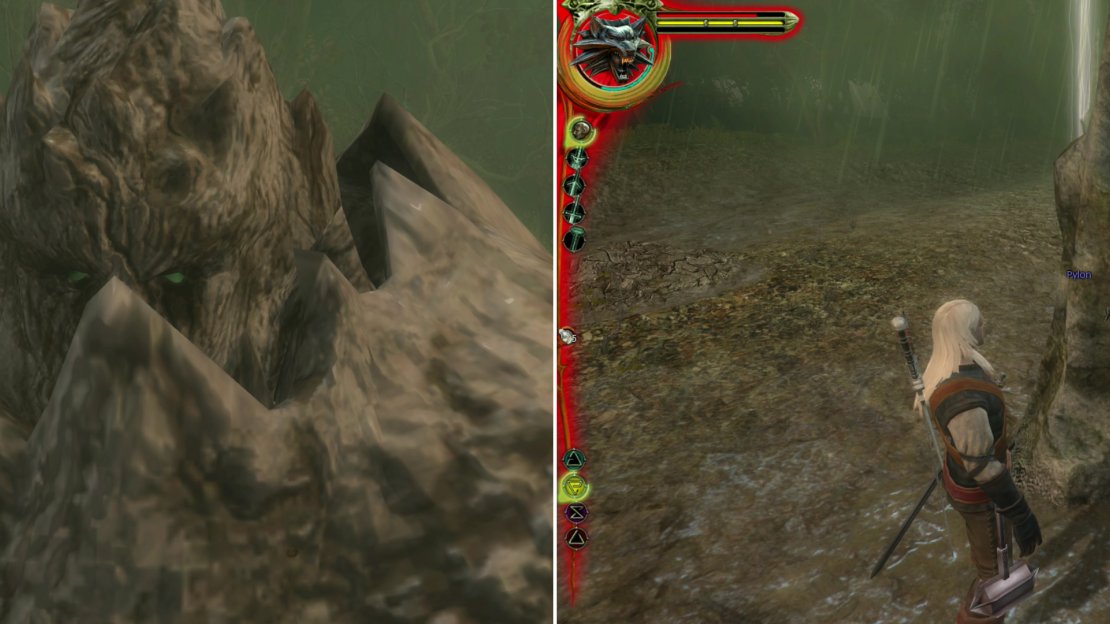 Like everything brought to life by lightning, the Golem turns violent (left). Keep the Golem between the three Pylons, and activate them all (right), being sure to stay outside of them. Lightning will strike whatever stands in the imaginary triangle formed by them.