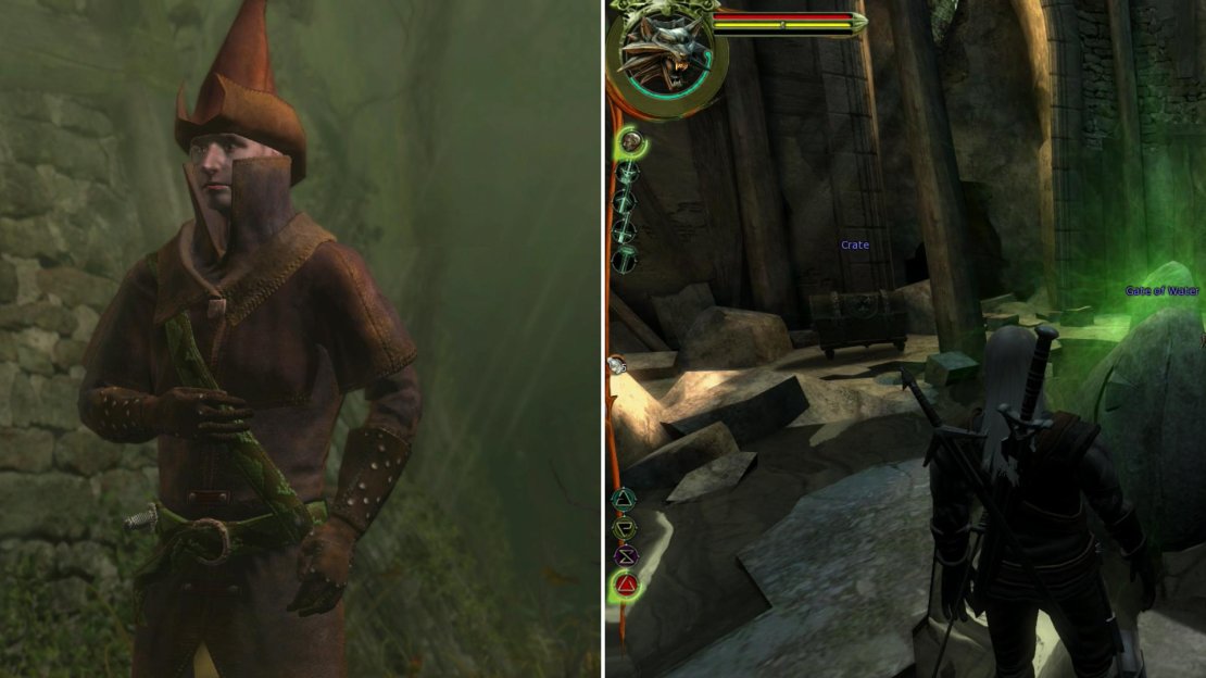 When the trap is set, meet Azar-as-Raymond outside the Mage’s Tower (left). Once inside, be sure to tap the Gate of Water to learn the Axii Sign (right).