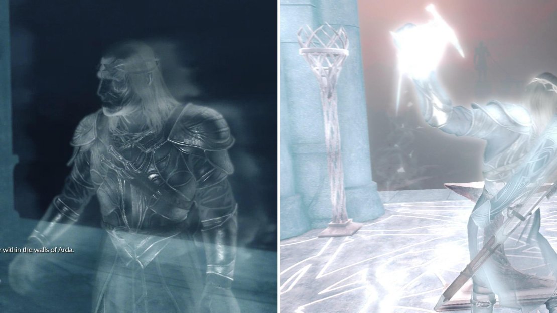 After the ritual, you’ll find yourself lost in Mordor, and bound to an Elven Wraith (left). Reforge the Forge Tower to gain information about the surrounding area (right).