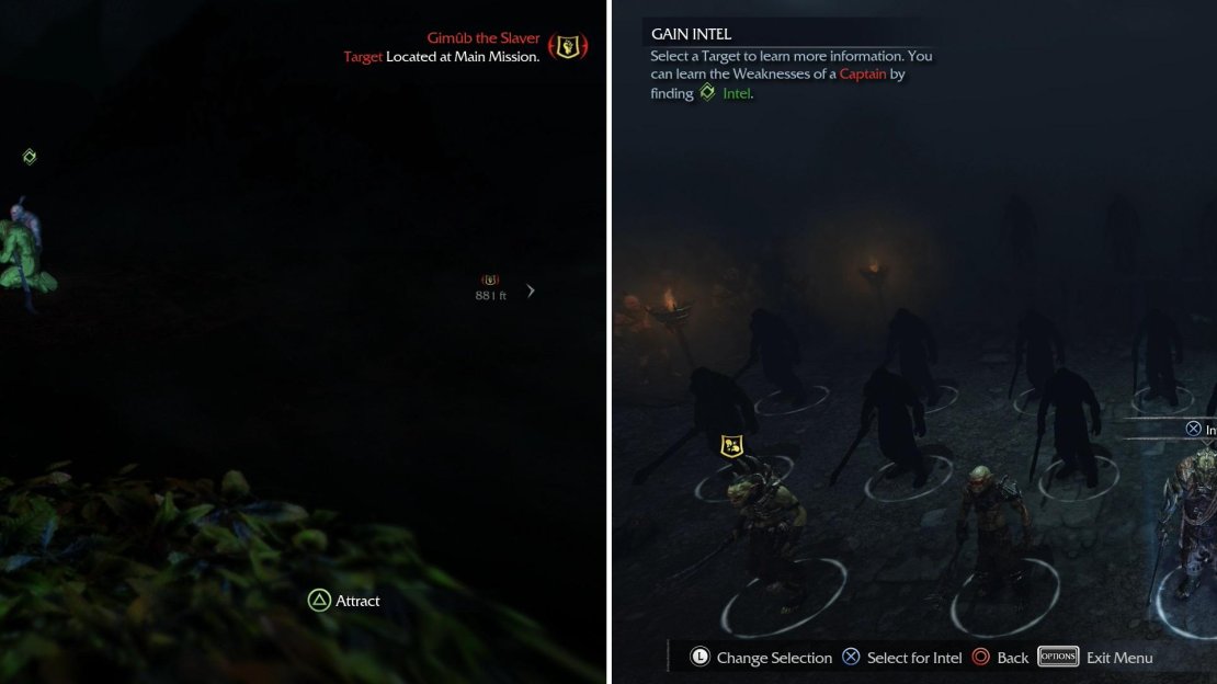Worms are one common source of Intel-Uruks who, once Interrogated by the Wraith will divulge their precious knowledge about their masters. They have a green icon over them, and glow green in Wraith Vision (left). Gain Intel to learn more about Sauron’s Army (right).