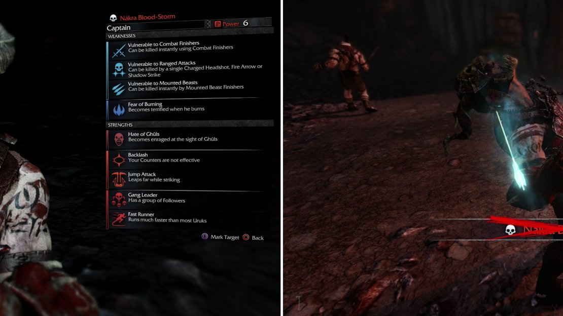 Gaining Intel on a Captain will allow you to see their Strengths and Weaknesses (left). Once known, an otherwise challenging opponent can be easily killed with a single attack (right).