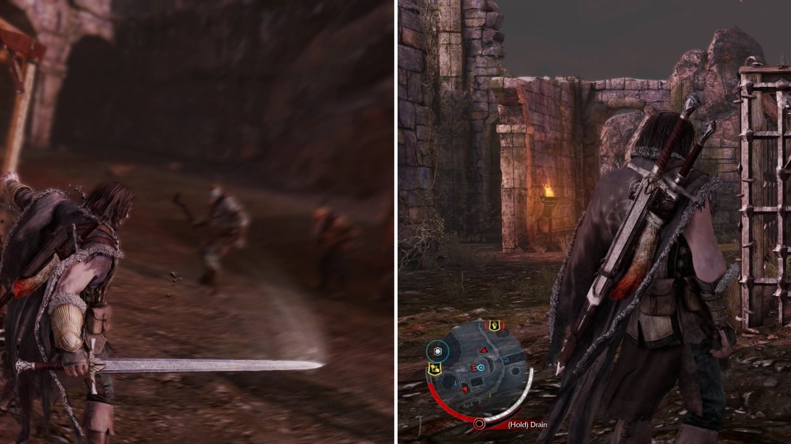 The “Execution” Ability will vastly increase the speed at which you can dispatch Uruks (left). Caged Caragors can often be found where Uruks dwell. Freeing them can make for a helpful distraciton (right).