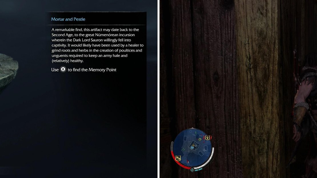 The Mortar and Pestle Artifact (left). Talion, being the sneaky sort of guy that he is, can squeeze into tight spaces (right). Uruks cannot follow, and these areas are usually good ways to get around without being detected.