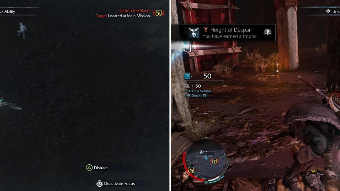 While in Ranged Mode you can use the “Distract” ability to lure Uruks to a specific spot (left). Use “Strike From Above” from the top of the scaffolding in The Black Gate to score the Trophy/Achievement “Height of Despair”.