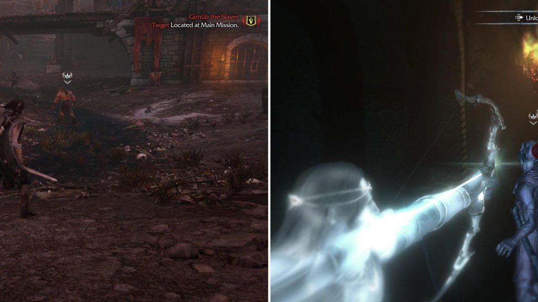 In Strongholds, tattle-tale Uruks will runs off to sound the alarm (left) and can be spotted by the symbol over their heads. If the alarm is raised (right) you’ll have to fight through respawning hordes of Uruks.