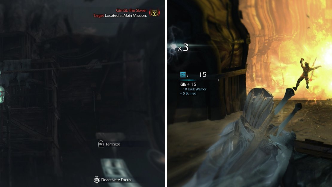 Shooting Morgai Fly Nests will stir up the insects within, to the sorrow of any nearby Uruks (left). Shoot explosive barrels and, if you have the “Detonate” Ability, campfires, to cause potent explosions (right).