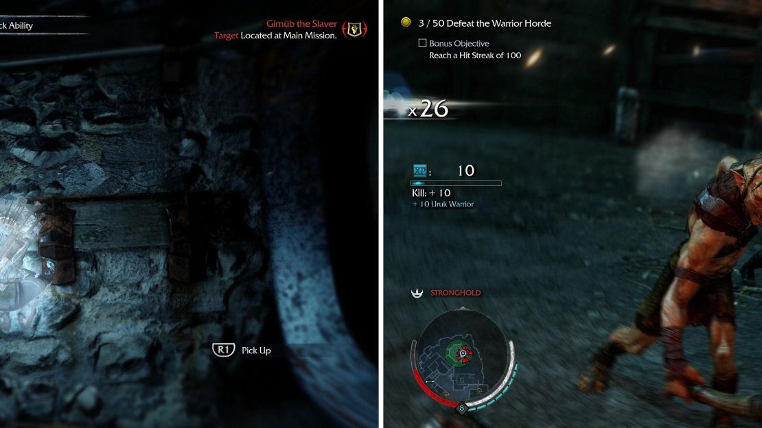 Climb a tower in the Uruk’s Hollow area to find the “Natha Tognir inAinn” Ithildin (left), then stop by the Uruk’s Proving Ground and indulge in some pit fighting (right).