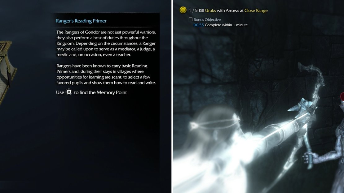 Grab the Ranger’s Reading Primer Artifact (left) as you make your way to the Forge Tower, then start “The Eye of Vengeance” Bow Mission, which charges you with shooting Uruks at close range (right).