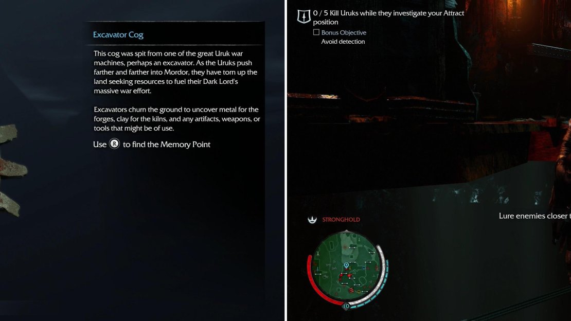 In the East Garrison you can find the Excavator Cog Artifact (left), and test your Attract/Ledge Kill skills in the “Deathly Whisper” Dagger Mission (right).