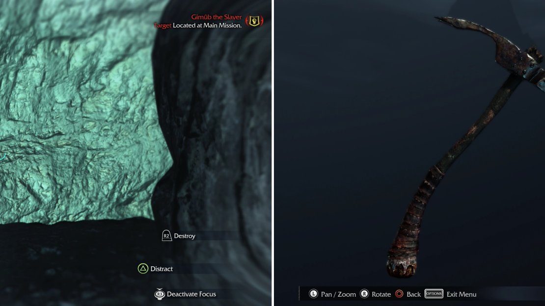 Shoot the vulnerable wall (left) to smash it, which will allow you to claim the Pickaxe Artifact (right).