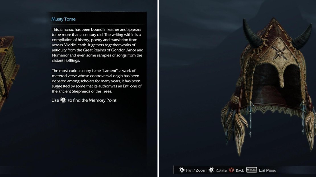 More Artifacts lie in the West Garrison, including the Musty Tome (left) and the Horned Helmet (right). Unfortunately for our own safety, Talion is too cool to bother with helmets.