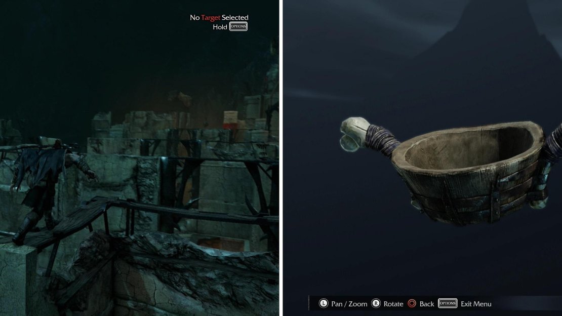 The Durthang Outskirts are densely populated with Uruks, but fortunately, you can used the ruined heights to move around unmolested (left). Treasures such as the Grog Bowl Artifact can be found on lower ground (right).
