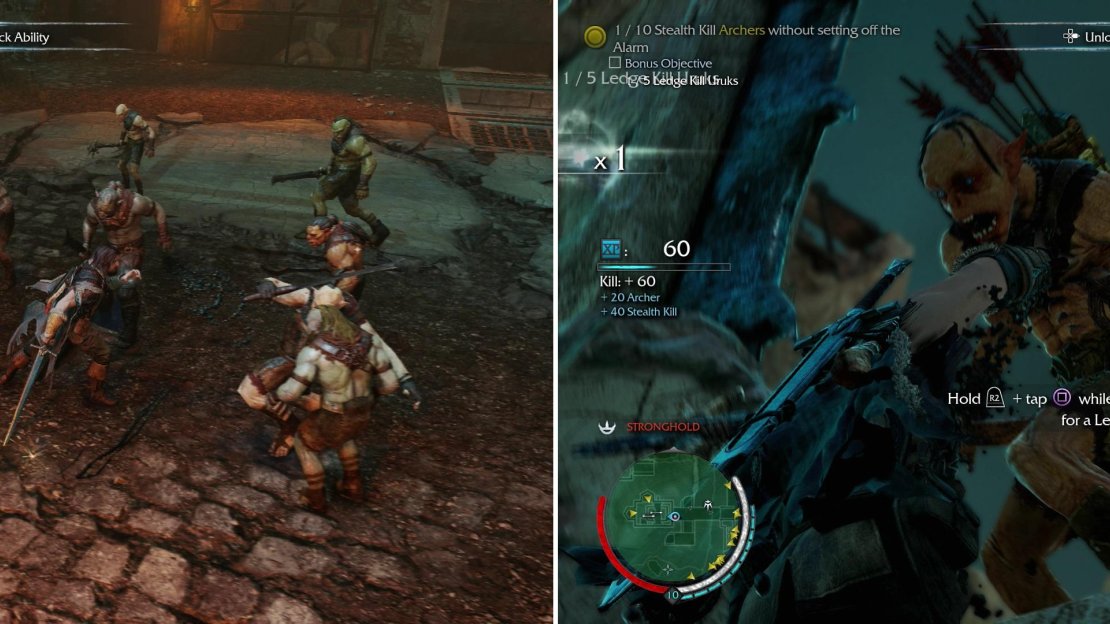 The Sword Mission “Cutting the Lines” tasks you with performing melee Executions while fighting off a horde of Uruks (left), skills that you must learn sooner or later. “Clear the Skies” tests your ability to sneakily Ledge Kill archers (right).
