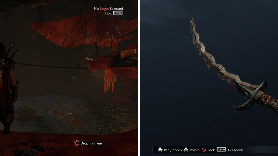 Find the hidden room in the caves (left), wherein you’ll find the Serpentine Blade Artifact (right).