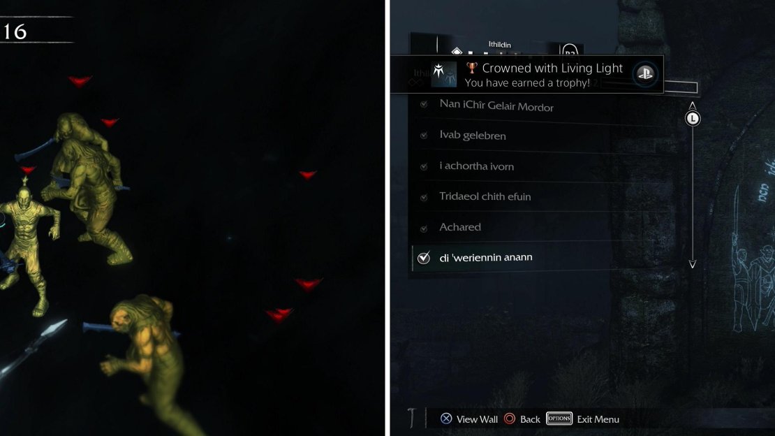 The “Swift Mercy” Bow Mission charges you with shooting down a host of moribund Uruks (left). After grabbing all the Ithildin in this area, we should have found half of the possible Ithildin in the game (right).