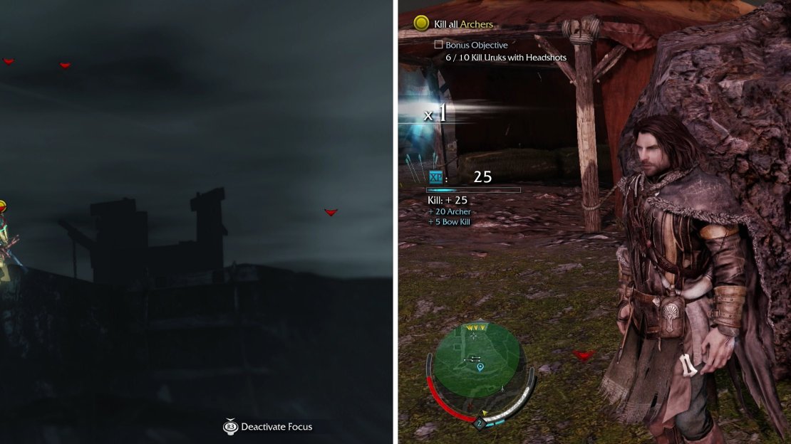 Killing Archers with Headshots is the objective in the mission “A Elbereth Githoniel” (left). Use a friendly boulder south of the tent you start out in to shield yourself from some of the archers (right).