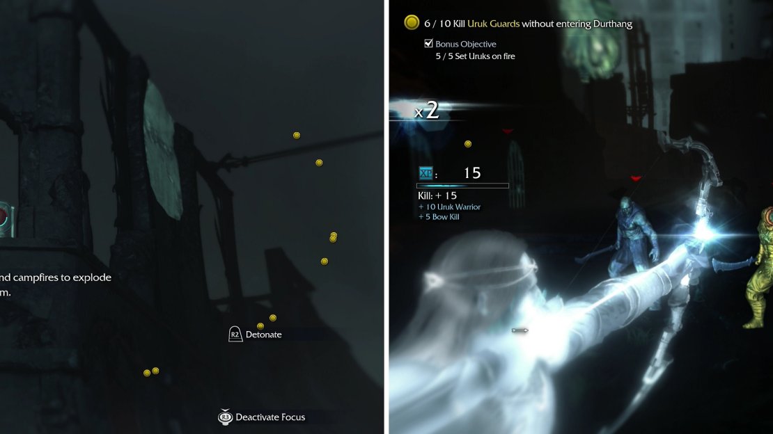 Shoot explosive Grog Barrels to set nearby Uruks on fire (left) which satisfies this mission’s bonus objective. Once done, secure the requisite number of kill the old fashioned way (right).
