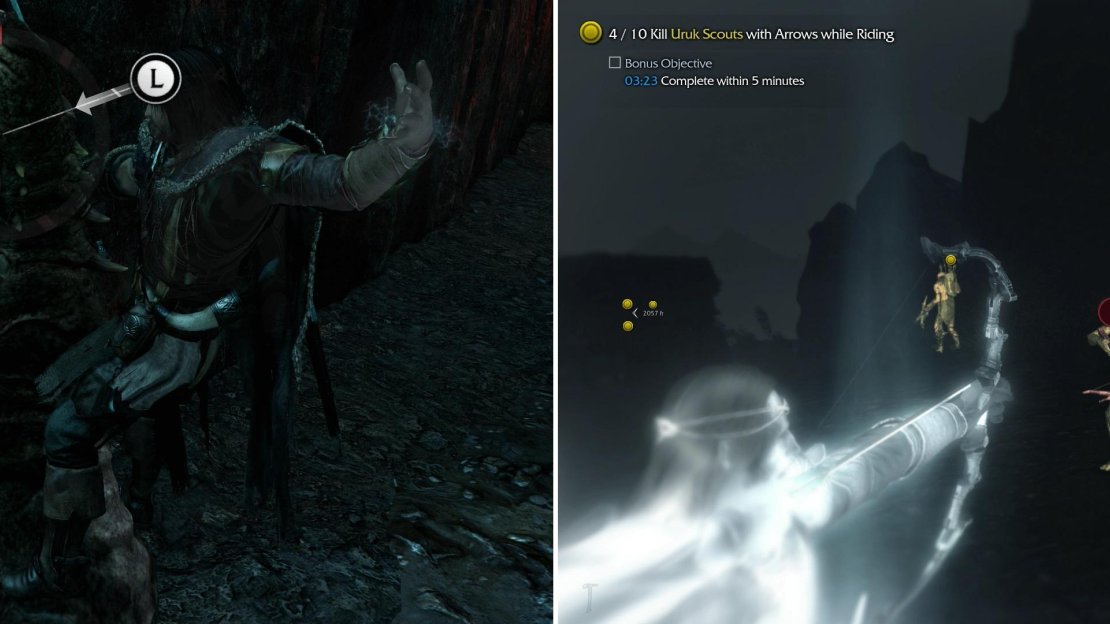 Dominate the Caragor provided for you (left) then ride your mount to find the various Uruk patrols, and shoot them down (right).