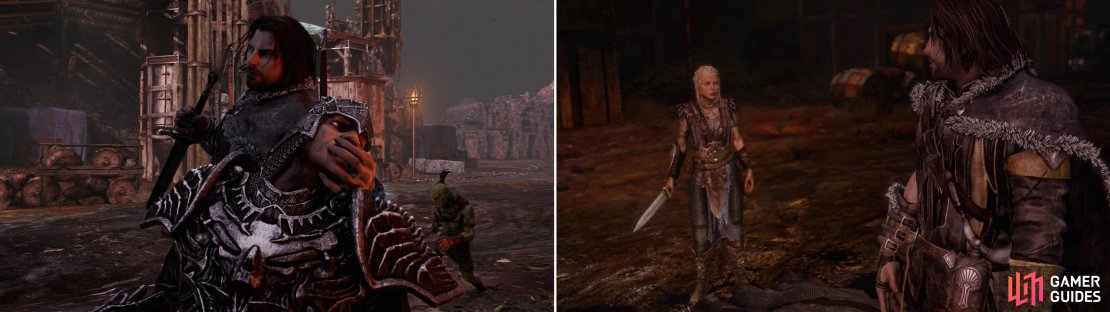 Talion takes his anger out on The Hammer, to the Wraith’s annoyance (left). Shortly after the fight Lithariel arrives, and her words draw us to Nurn (right).