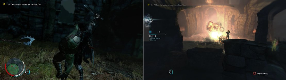 When clearing out the camps, you&rsquo;ll have the option of killing Uruks however you fancy-by using good old Stealth Kills (left) or&hellip; well, somewhat more explosively (right).