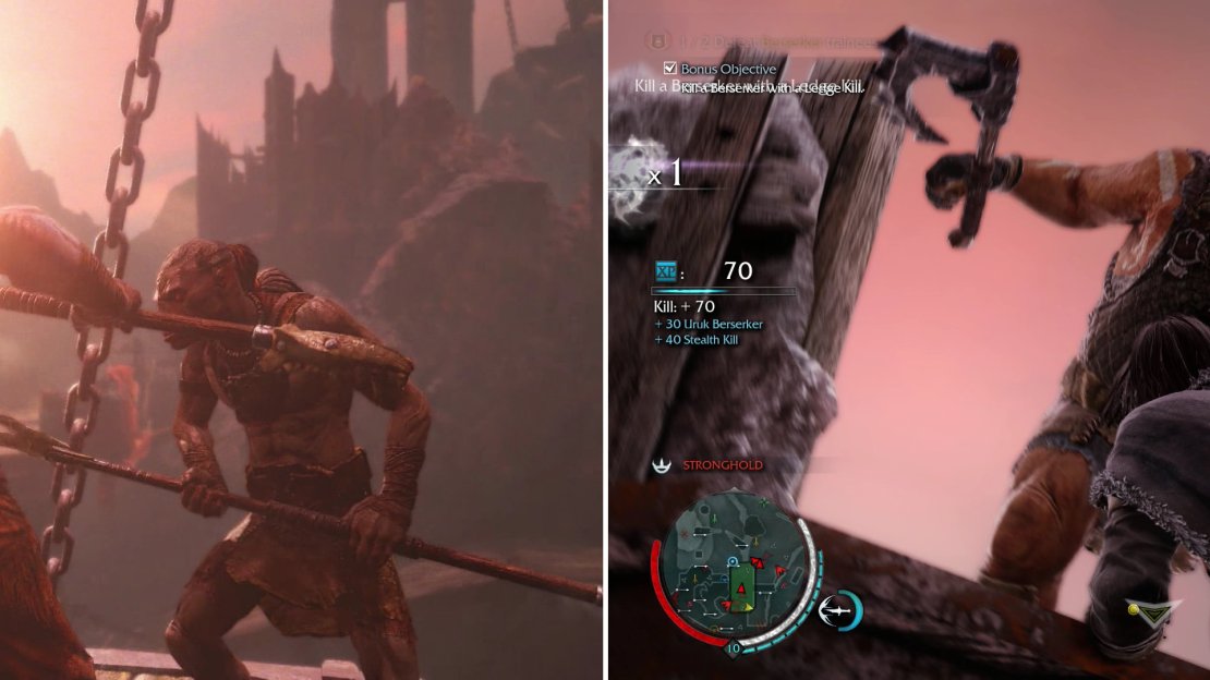 In our absence, Ratbag has again landed himself in trouble (left). The bonus objective for this mission can be satisfied by performing a Ledge Kill on one of the Berserker Trainees (right).