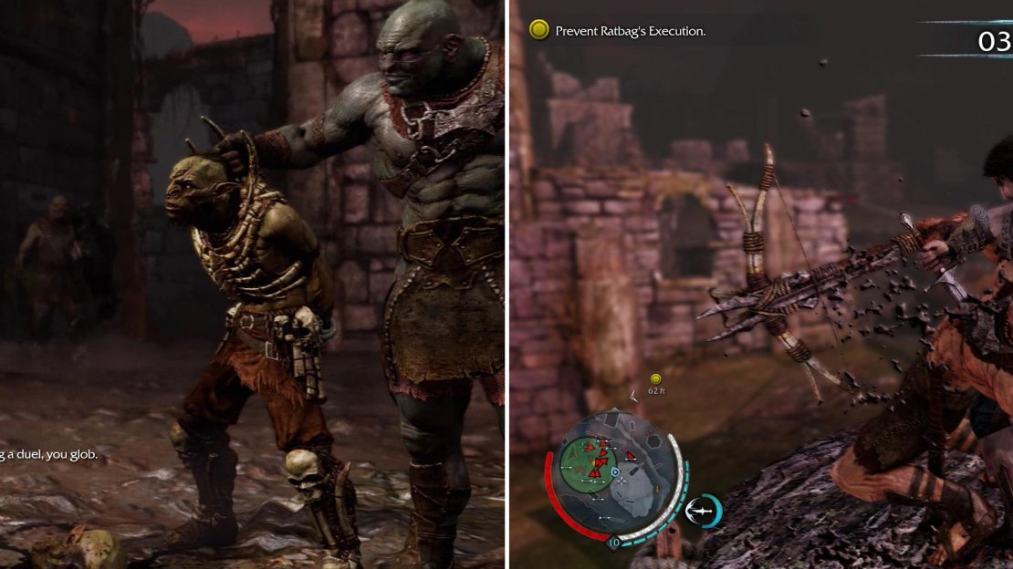 Ratbag, who was in over his head as a Captain, is now at risk of losing said head (left). Before you rush in and save him, sneakily dispatch the archers around the execution site (right) to satisfy a bonus objective.