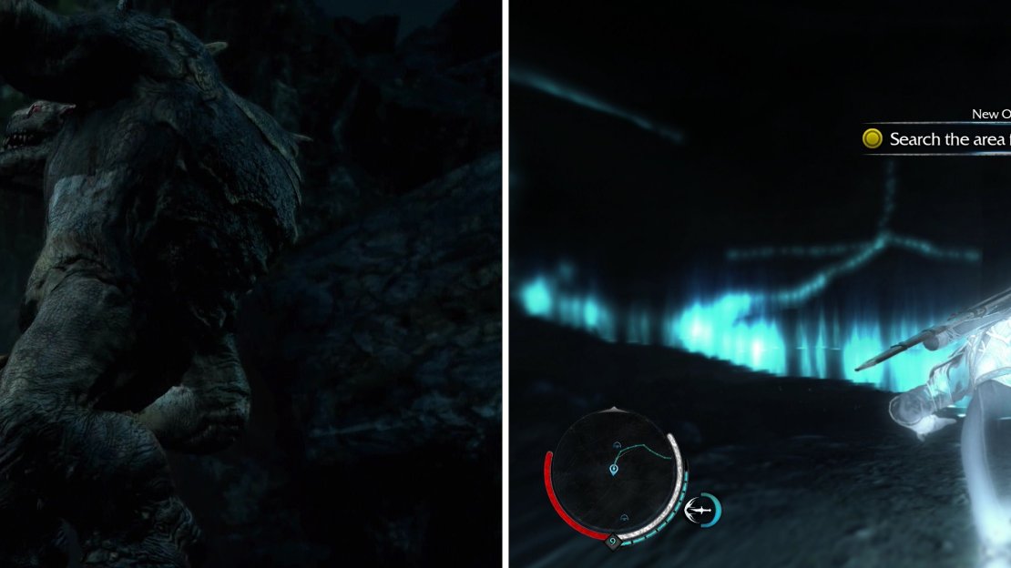 In a fight between a lone Caragor and a Graug… yeah… the Graug is going to win (left). Follow Gollum’s predictably meandering trail to find another relic (right).
