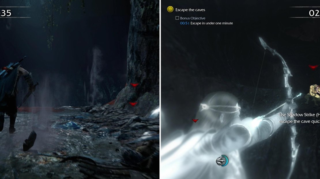Escape the cave quickly and ignore the Ghuls that try to distract you (left). Performing Shadow Strikes on advantageously place Ghuls can speed up this process (right).