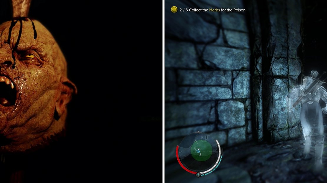 There’s no love lost between the Outcasts and the Uruks, as this grisly trophy shows (left). Follow Hirgon and collect the herbs you’ll need to poison the Uruk’s Grog (right).