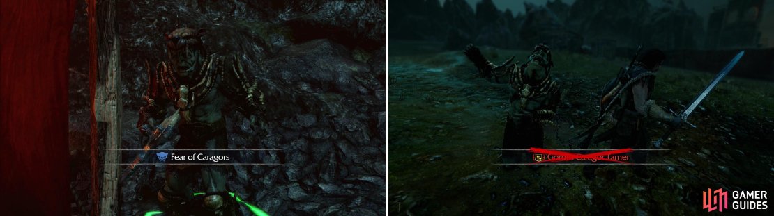Release a caged Caragor to take advantage of Goroth’s fear of them (left), after which he should be easy to dispatch (right).