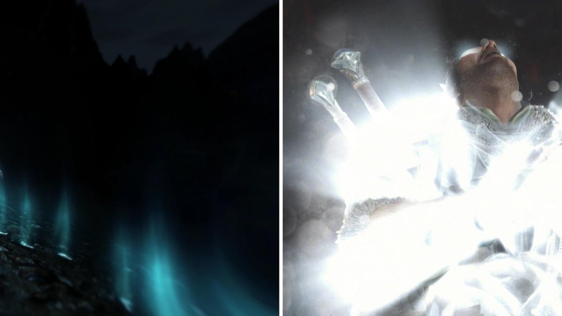 Follow the glowing blue trail the creature left (left) at the end of which we’ll find a relic. The effects of Talion’s interaction with this relic is… bright (right).