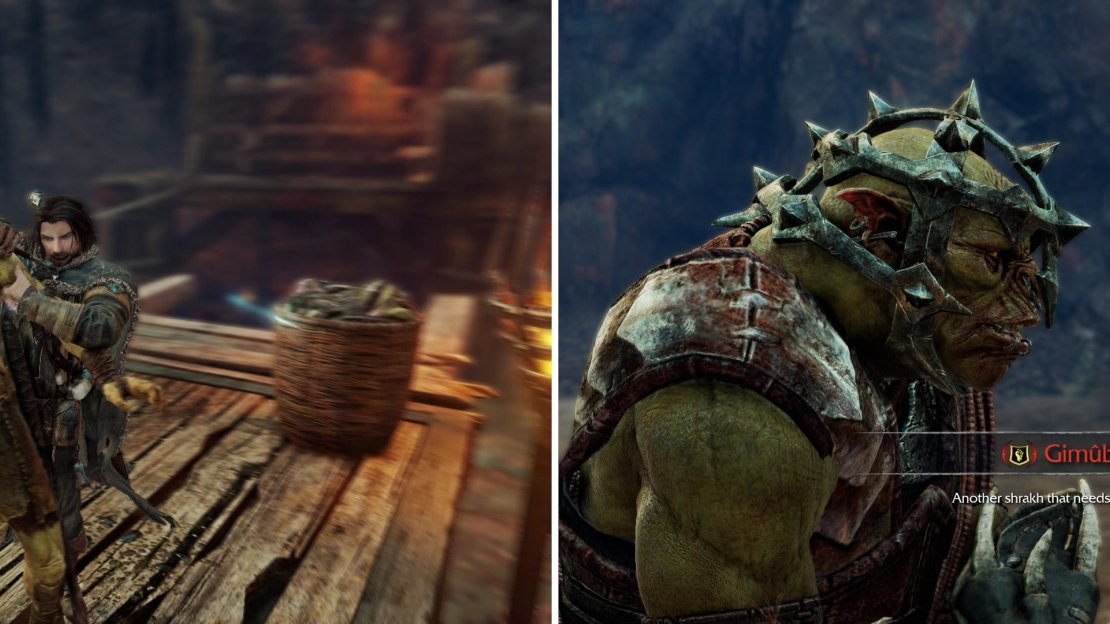 Sneak around and kill archers to complete a bonus objective (left) then jump down and confront Gimub (right).