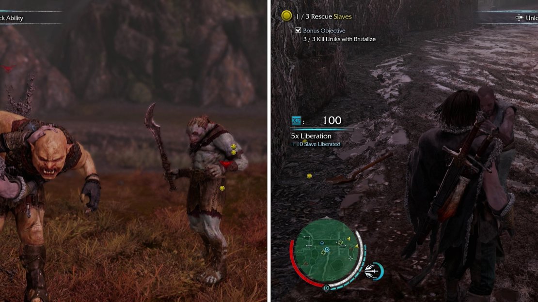 Brutalizing makes a very gruesome display of an Uruk’s demise, scaring off nearby Uruks (left). The Uruk’s slaves don’t seem to mind the show, however (right).