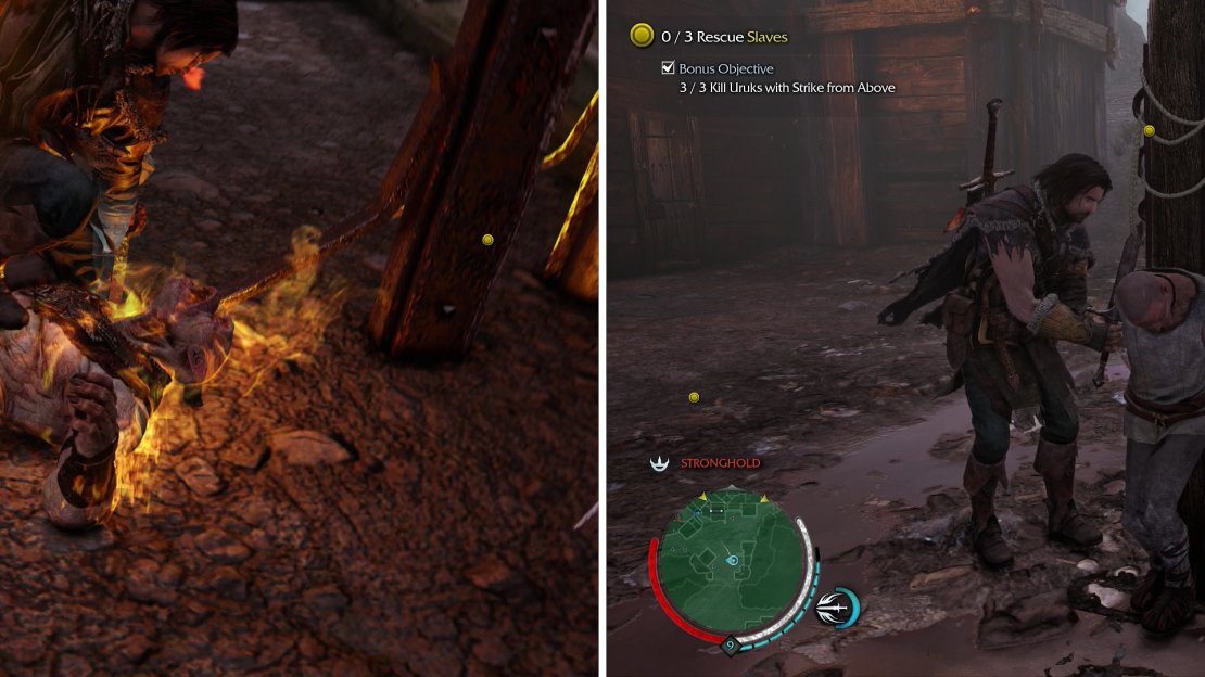 What’s better than a Strike From Above? A Strike From Above on an Uruk who is on fire! (left) Your primary goal for this-and every other Outcast mission-is to rescue Slaves (right).