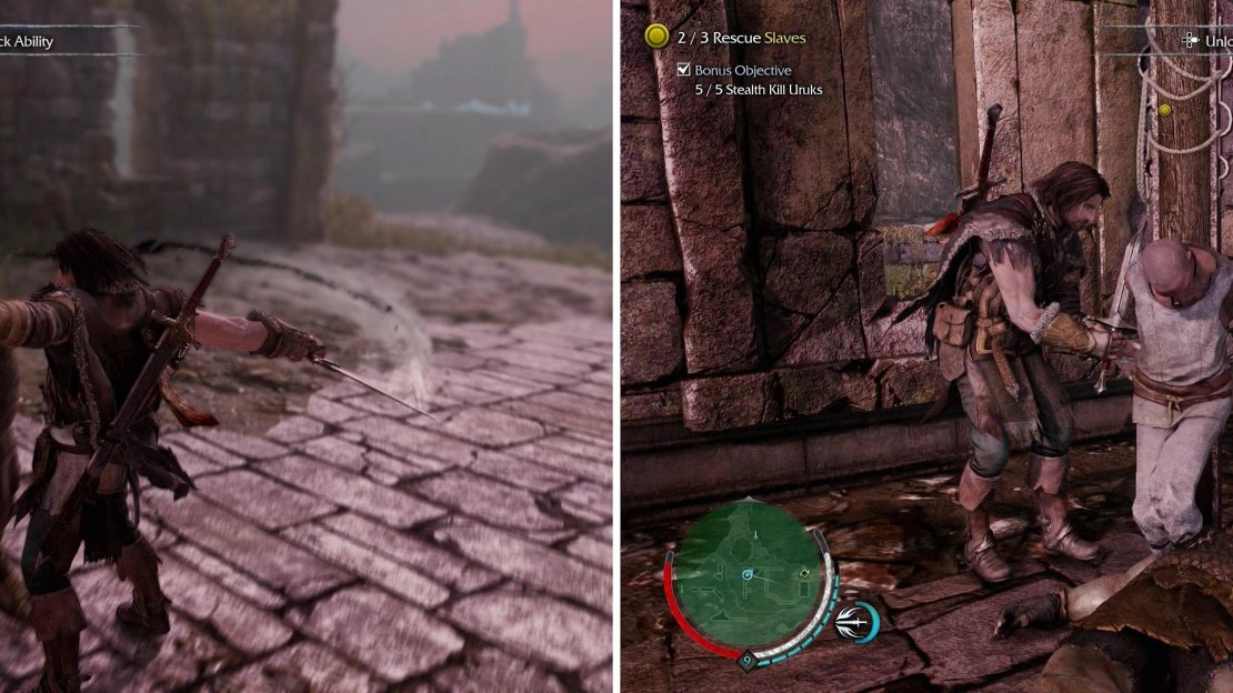 Stealth Kill five Uruks to complete the bonus objective for this Outcast mission (left), then free the Slaves (right).
