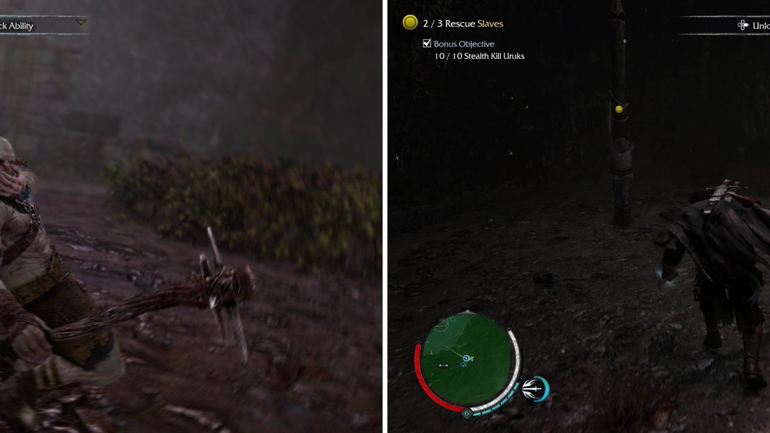 Stealth kill ten Uruks (left), then free the Slaves, one of whom is hidden away in a cave (right).