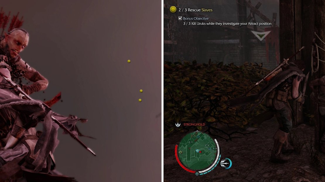 The easiest way to accomplish the bonus objective for this mission is to Attract foes while on a ledge, then perform a Ledge Kill (left). Once you’ve killed enough, free the slaves (right).