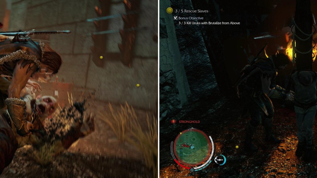 Like a normal Brutalize… but from above! (left). Make three Uruks pay, then free the Slaves (right).