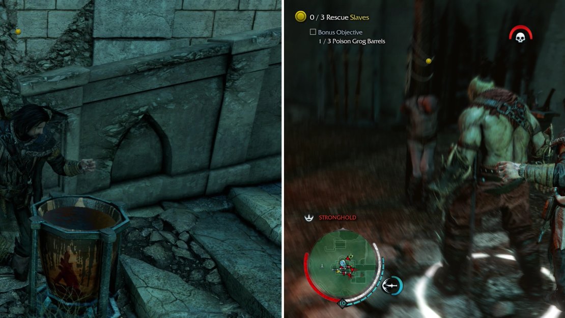 Poison Grog Barrels to satisfy the bonus objectives for this mission-Uruks don’t need to actually drink from them (left)-then free the Slaves, especially ones being taunted by Uruks (right).