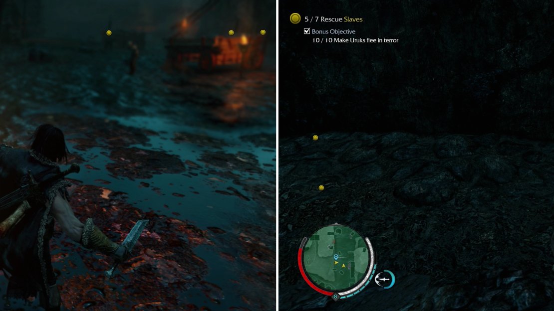 Terrorize Uruks, either by killing stronger Uruks, or by Brutalizing their peers (left), then free the Slaves (right).