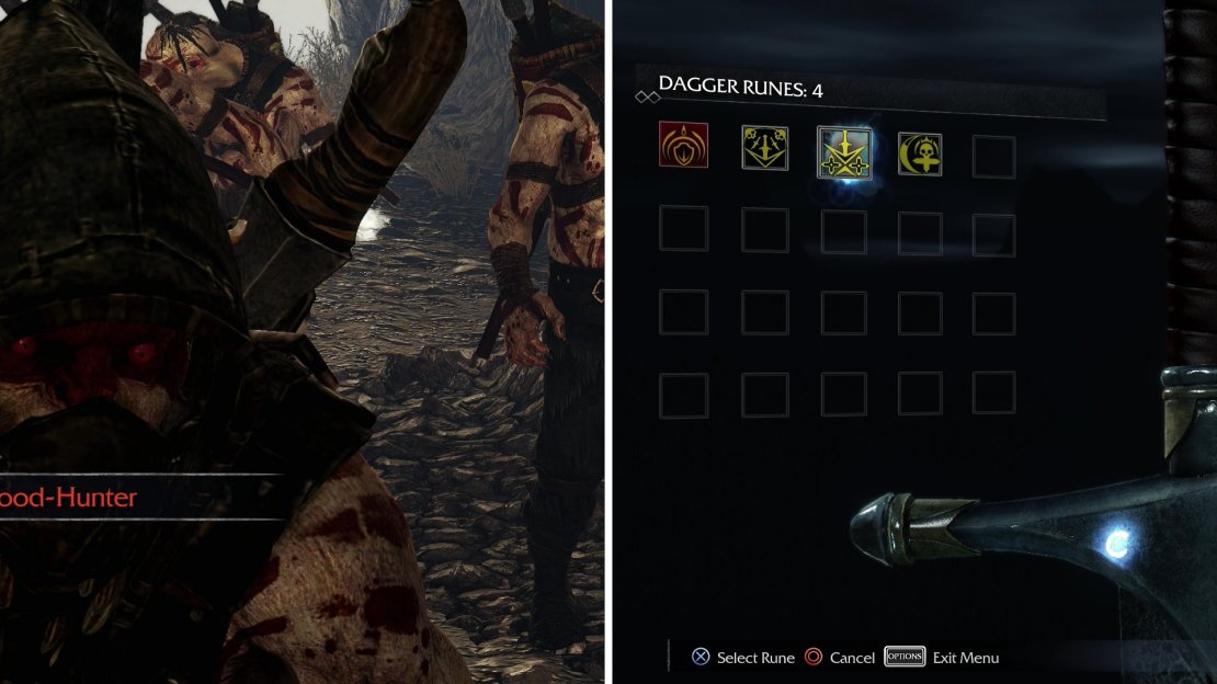 Confront Maku Blood-Hunter (left) and defeat him to earn the “Stinging Blade” Rune (right).
