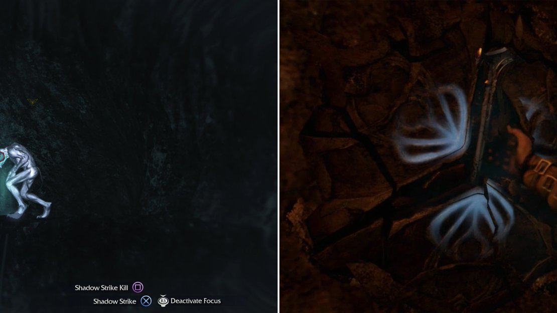 Keep to high ground wherever possible and follow the trail through the cave, avoiding the Ghuls. You should only need to kill one Ghul near the end of your path (left). Grab Celebrimbor’s hammer to witness another vision (right).