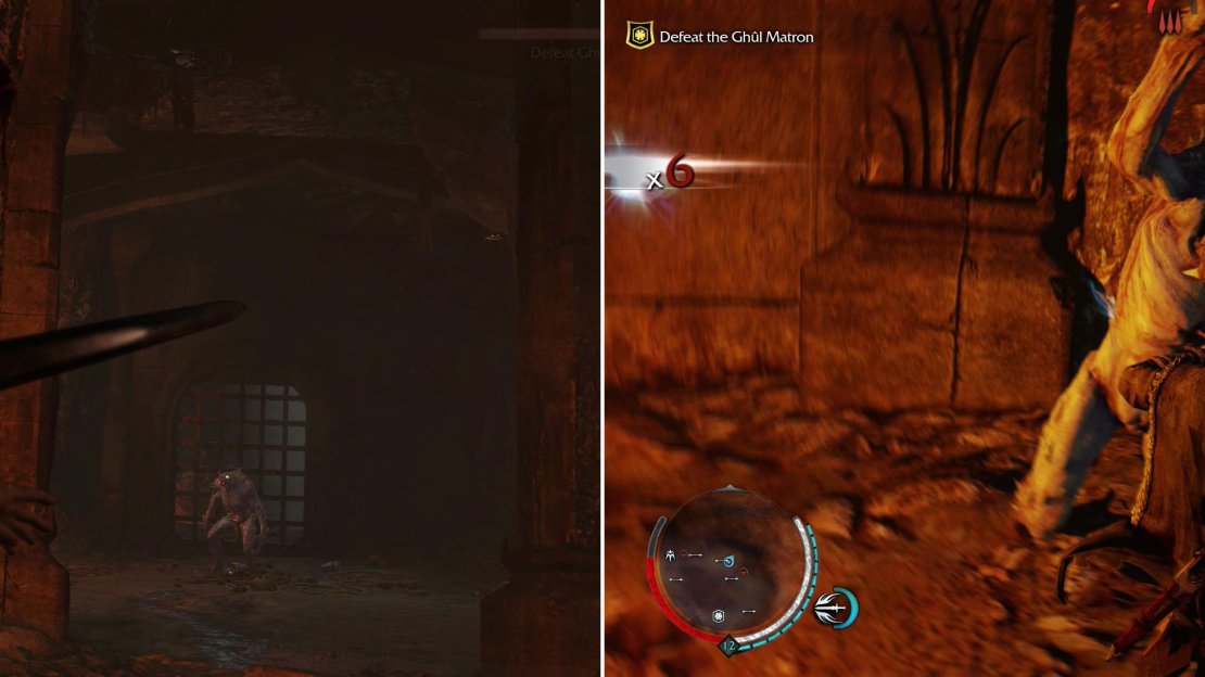 Talion will awaken just in time to fight a Ghul Matron (left). Ranged attacks and combat finishers will serve you well (right).