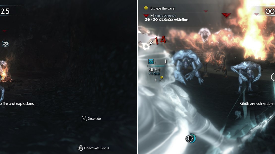 To complete the bonus objective, wait for the Ghul pursuing you to gather near a camp fire (left) then detonate it (right).