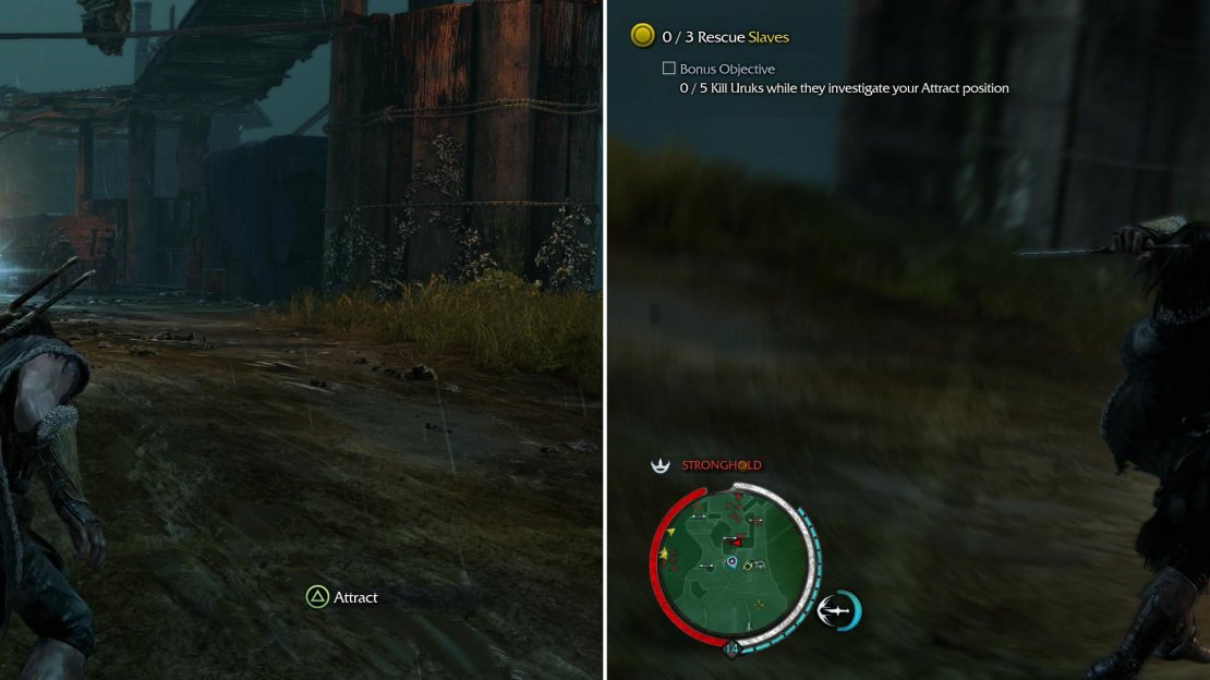 Use Attract to draw Uruks to your location (left) and while they move, position yourself to take advantage of them (right).