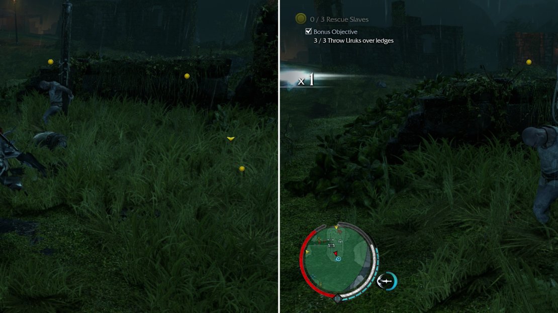 Toss three Uruks off ledges (left) then free three slaves (right).